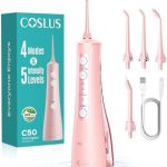 COSLUS Portable Water Flosser for Teeth: 4 Modes & 5 Intensity Levels Professional Electric Dental Pick for Sensitive Gums, Braces & Orthodontic - Cordless for Travel Use, for Adults, BPA-Free, Pink